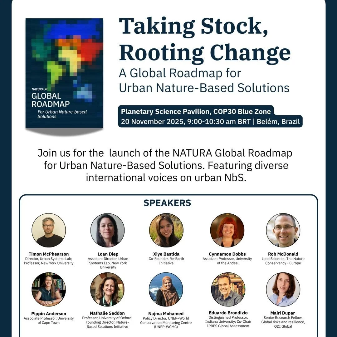 🌿 Don't miss this tomorrow at COP30!
Join USL's Timon McPhearson and Loan Diep for the official launch of the NATURA Global Roadmap for Urban Nature-Based Solutions at the Planetary Science Pavilion.

"Taking Stock, Rooting Change: A Global Roa
