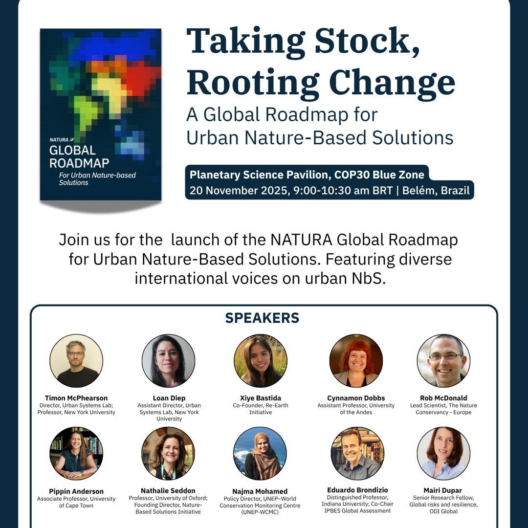 🌿 Don't miss this tomorrow at COP30!
Join USL's Timon McPhearson and Loan Diep for the official launch of the NATURA Global Roadmap for Urban Nature-Based Solutions at the Planetary Science Pavilion.

"Taking Stock, Rooting Change: A Global Roa