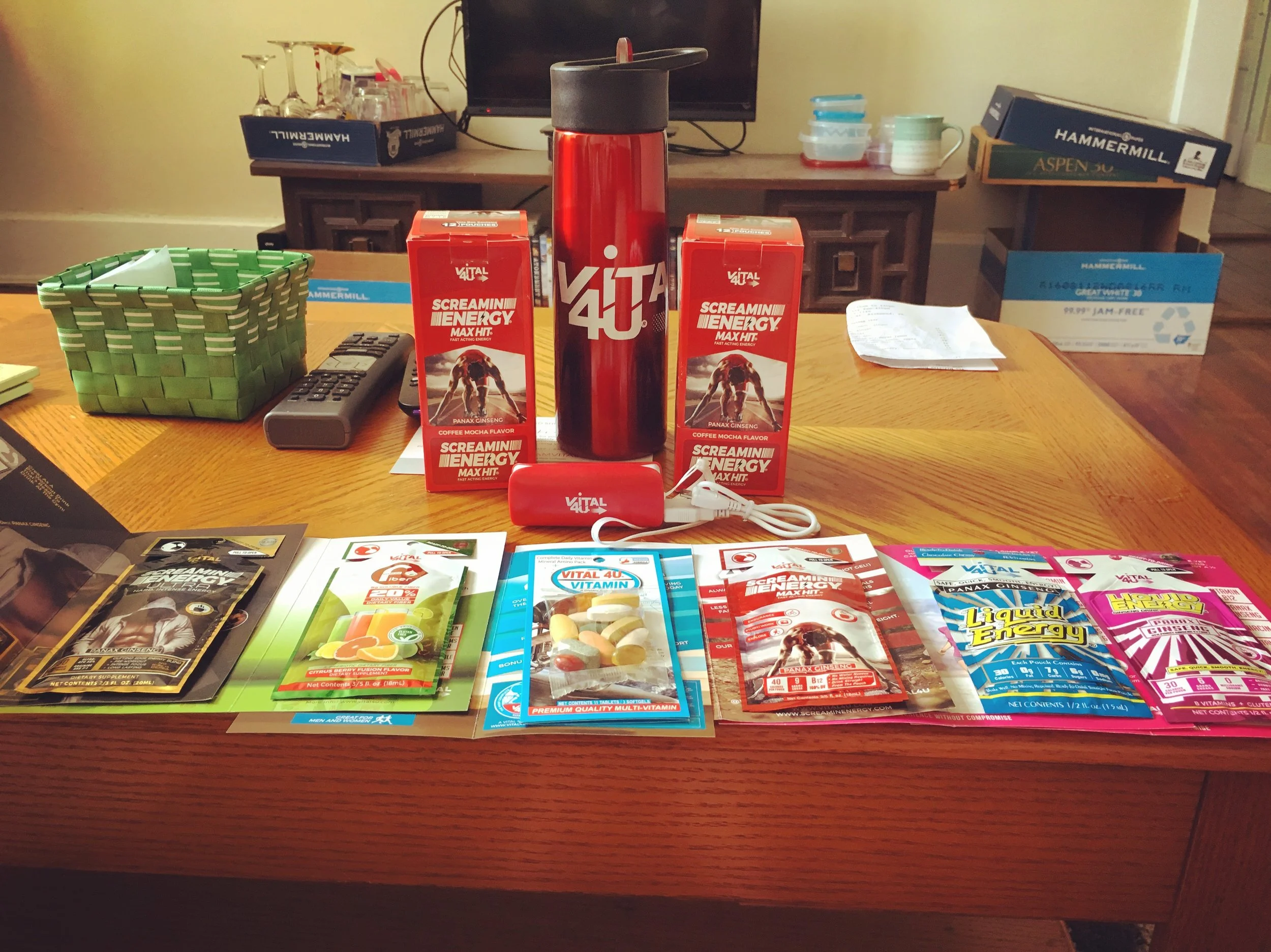 Vital4U's Screamin Energy Ultra, Fiber Packet, Vitamins, Max Hit (!!), and Liquid Energy Drinks. Can we get a heck yeah?