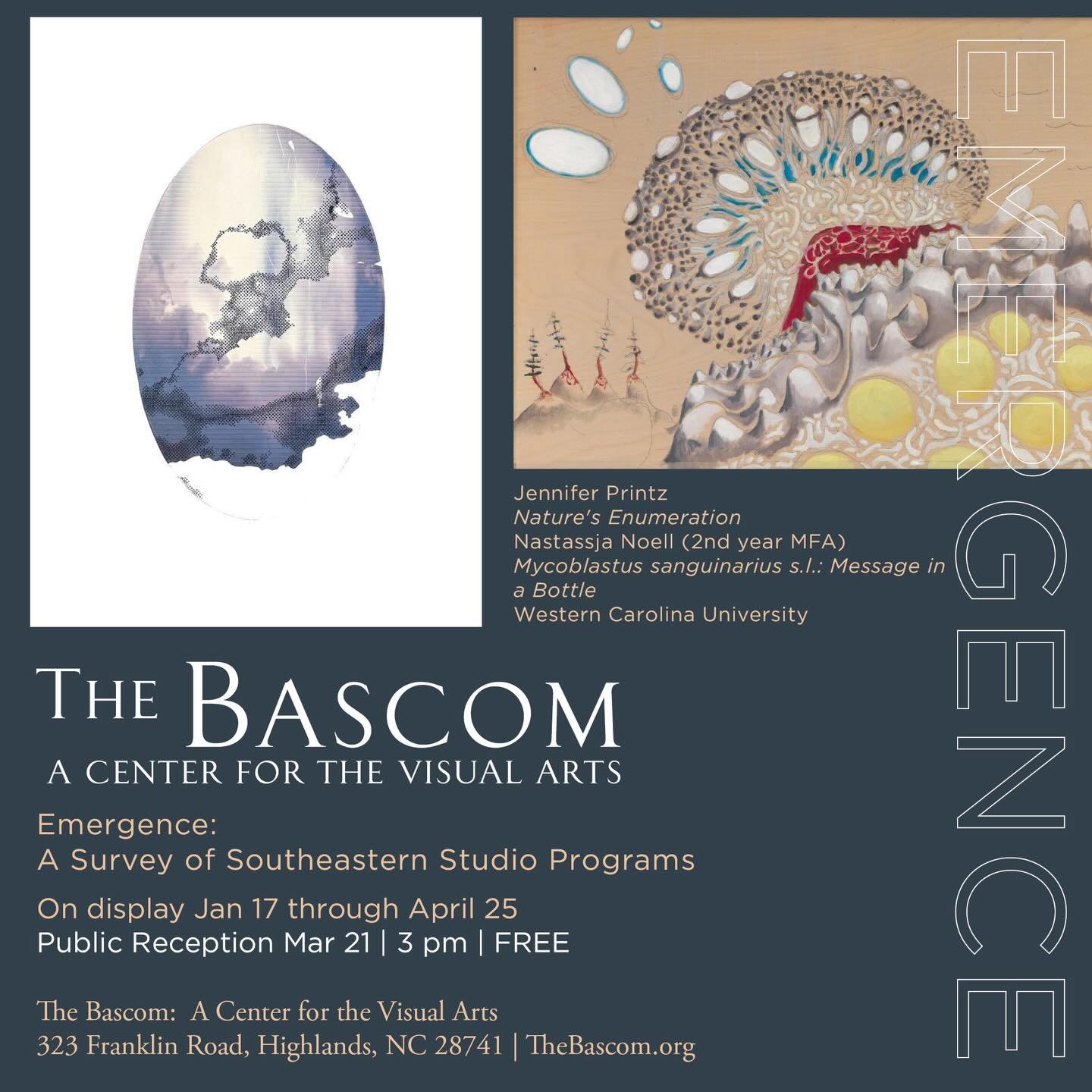 Join us @thebascom for the reception of Emergence: A Survey of Southeastern Studio Programs. Included work by MFA Director @jenniferdprintz and MFA student @beinglichen. 
.
#wcu #mfa