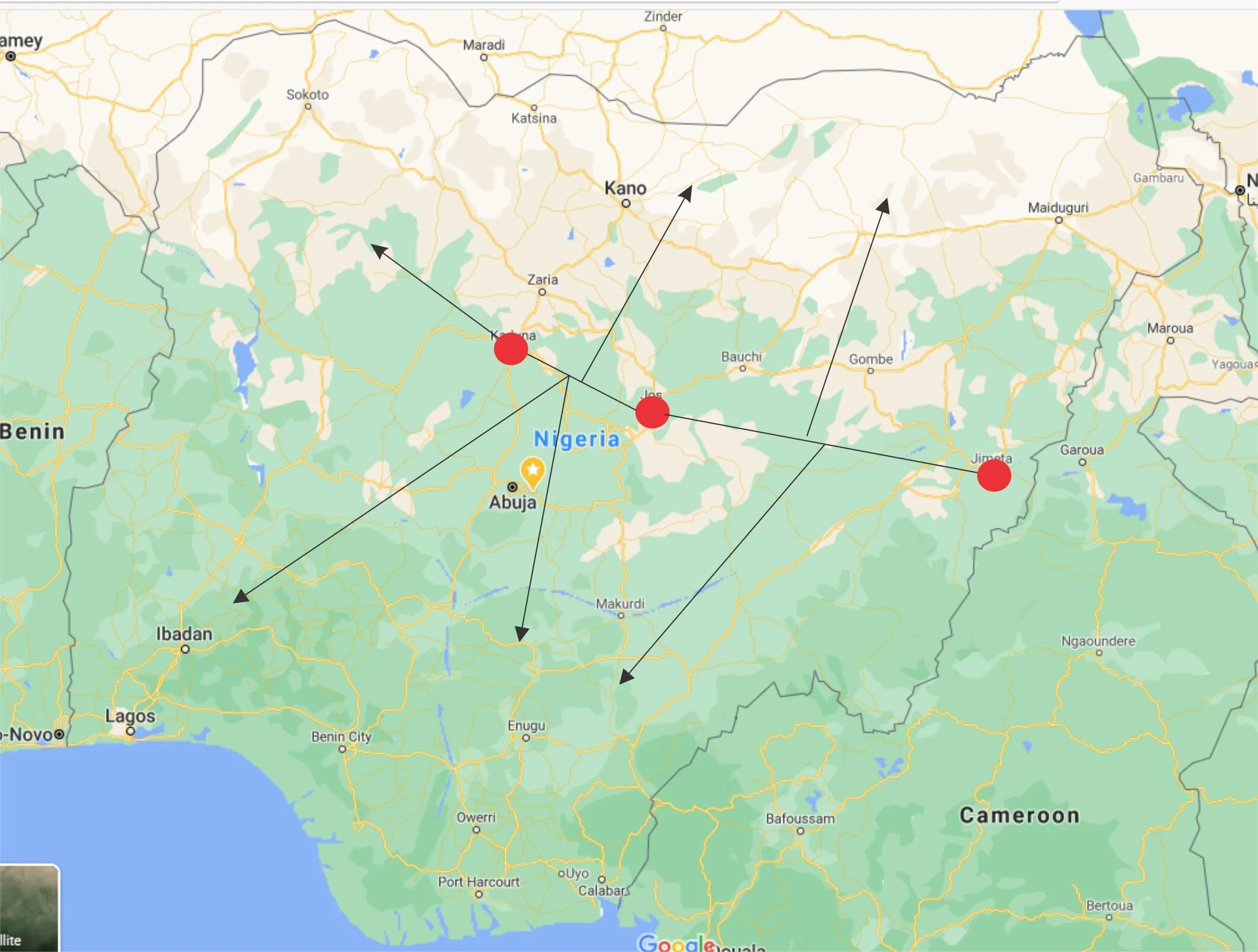 Red Spots:Pickup points, Arrows: National Delivery.