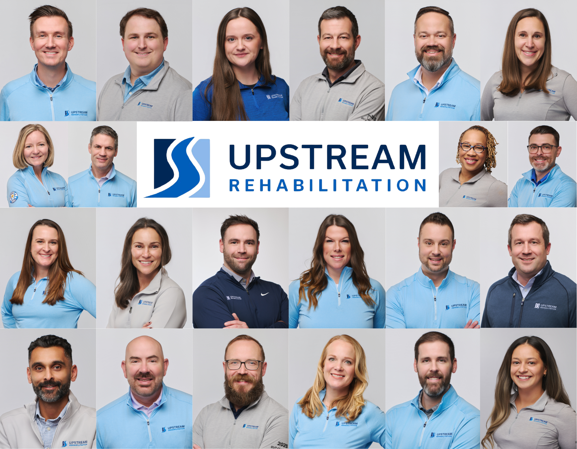 A composite of 22 employees mainly wearing blue and grey