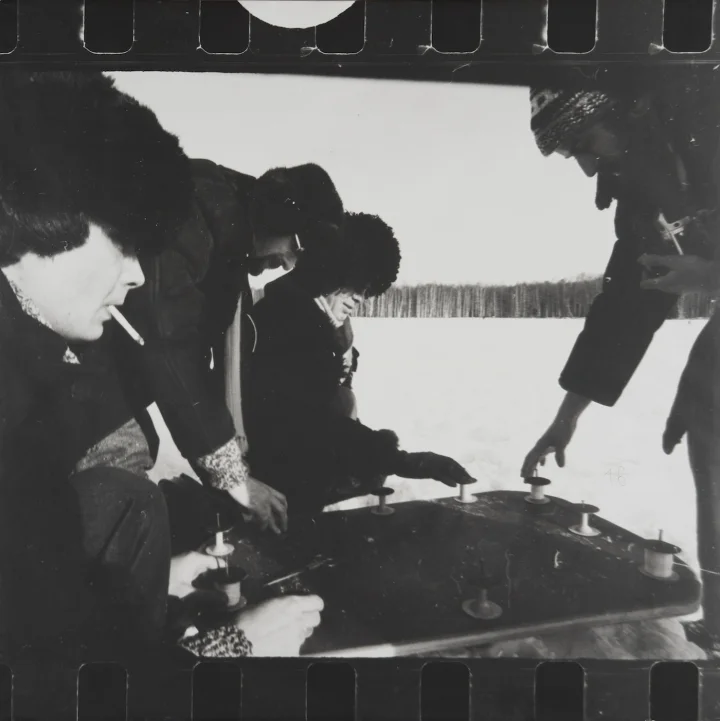 COLLECTIVE ACTIONS, “ACTION 16: TEN APPEARANCES,” FEBRUARY 1, 1981, SIX GELATIN SILVER PRINTS ON PAPER MOUNTED ON CARDBOARD; EACH: 38 1⁄16 X 38 1/4 IN. (PHOTO BY PETER JACOBS, IMAGE COURTESY ZIMMERLI ART MUSEUM AT RUTGERS)