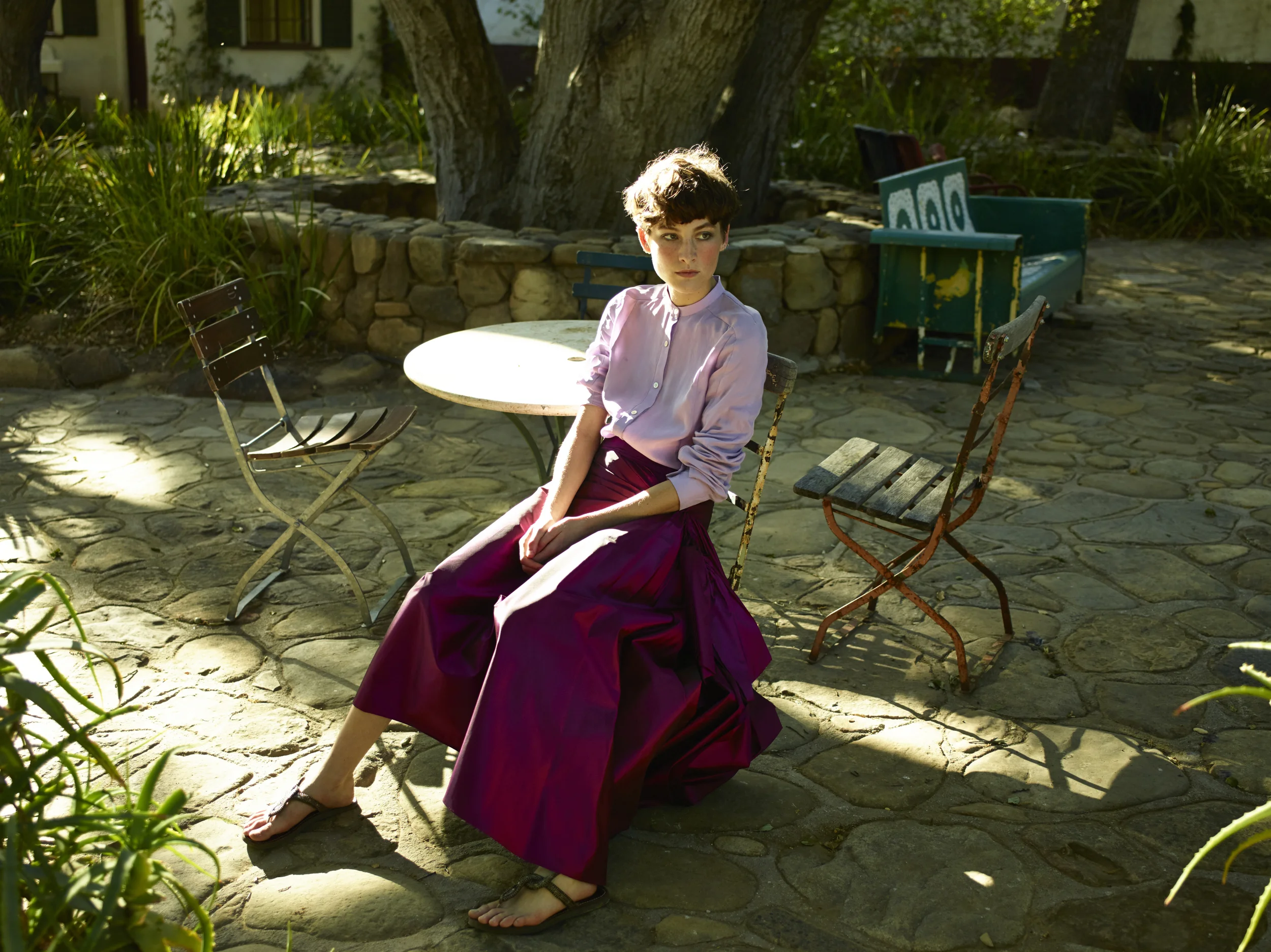 Blouse: Creatures of The Wind; Skirt: Yves Saint Laurent; Sandals: Savannah 