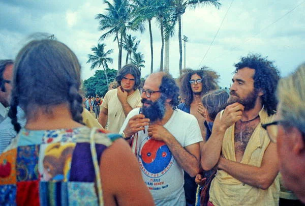 Poet and activist Allen Ginsberg with the protestors in Flamingo Park. Photographed by Tony Schweikle. 