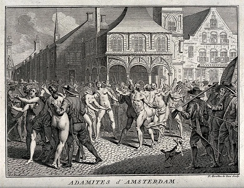The arrest of Adamites in a public square in Amsterdam. Etching by F. Morellon la Cave