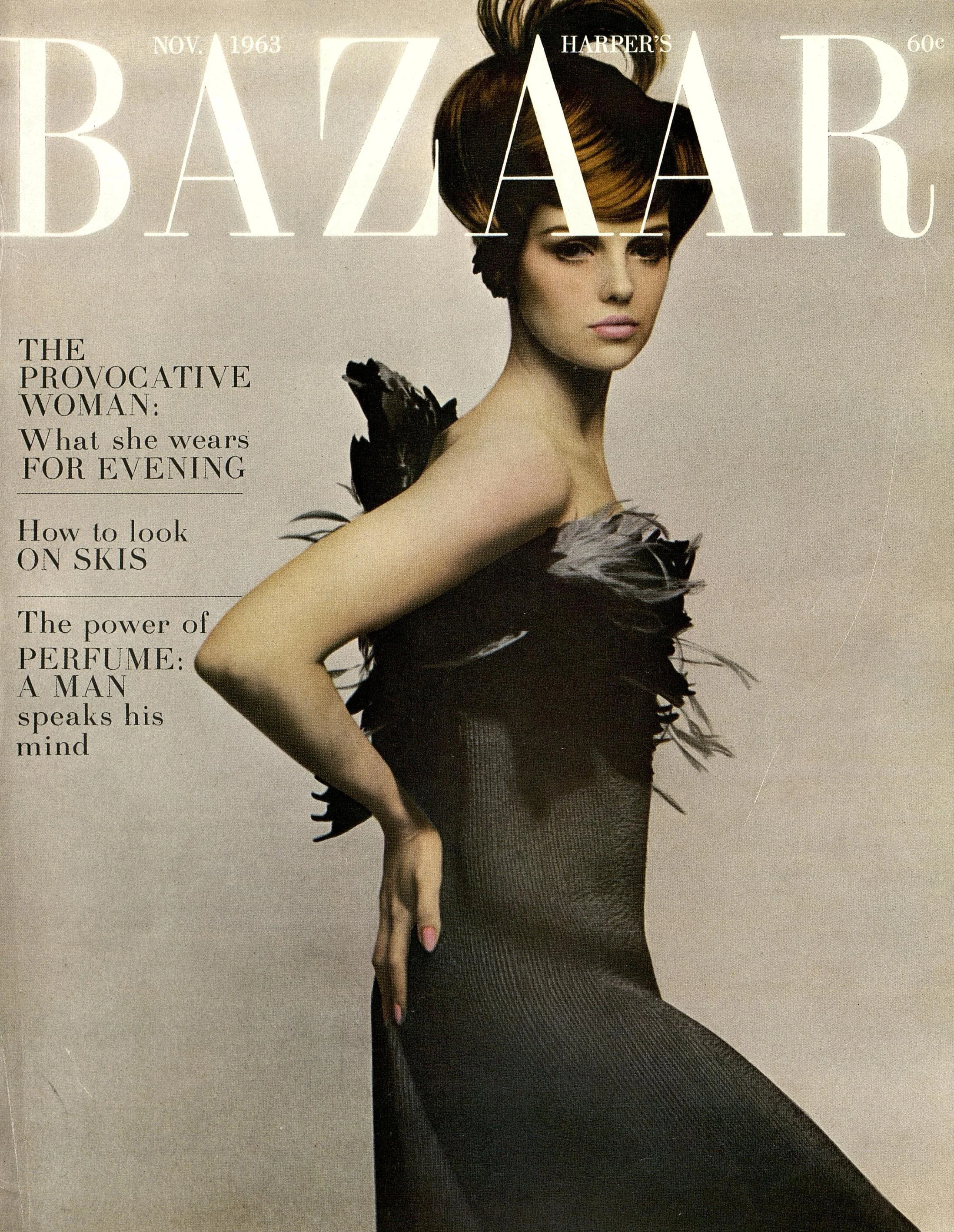 A feather-trimmed evening column for the cover of Harper’s Bazaar, November 1963—photographed by Melvin Sokolsky.