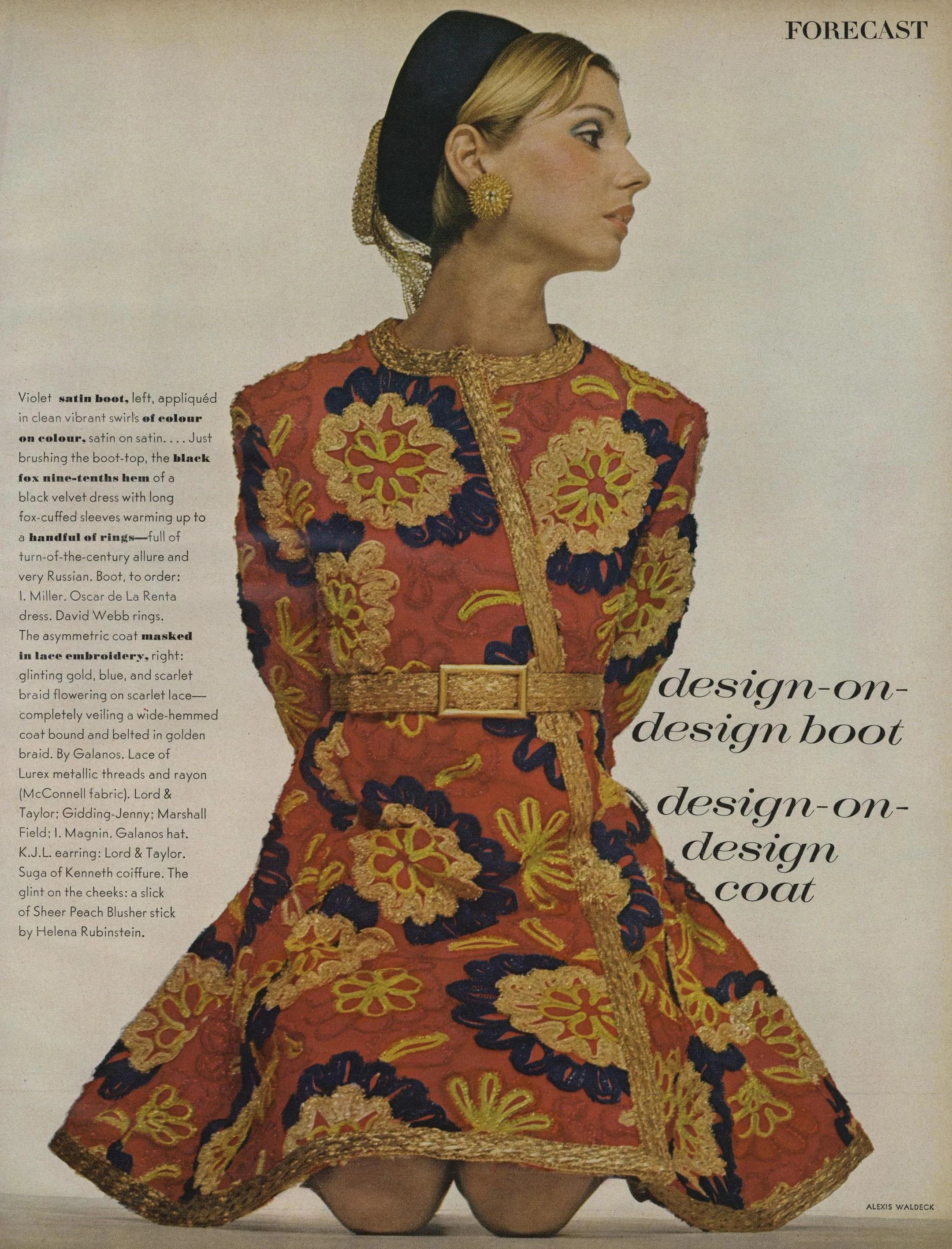 An asymmetric coatdress of “glinting gold, blue, and scarlet braid flowering on scarlet lace” with a high belt and flared hem. Photographed by Alexis Waldeck for Vogue , July 1968.