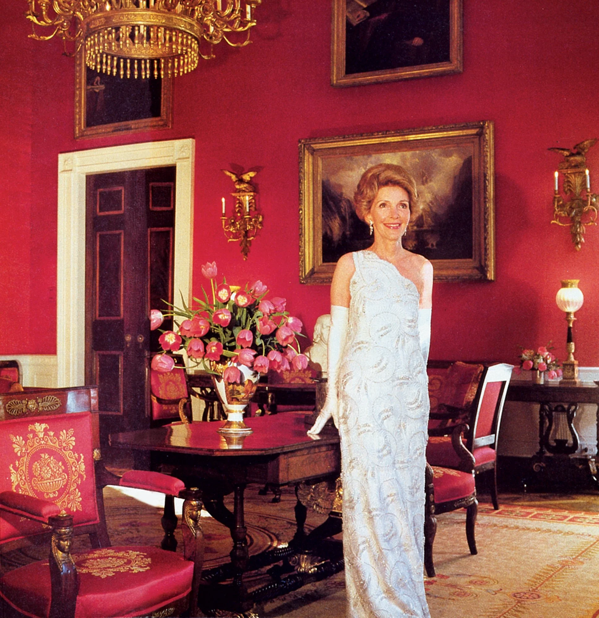 Nancy Reagan in the one-shoulder beaded column that Galanos designed for her husband’s first inaugural ball on January 20, 1981; photographed by Horst P. Horst.