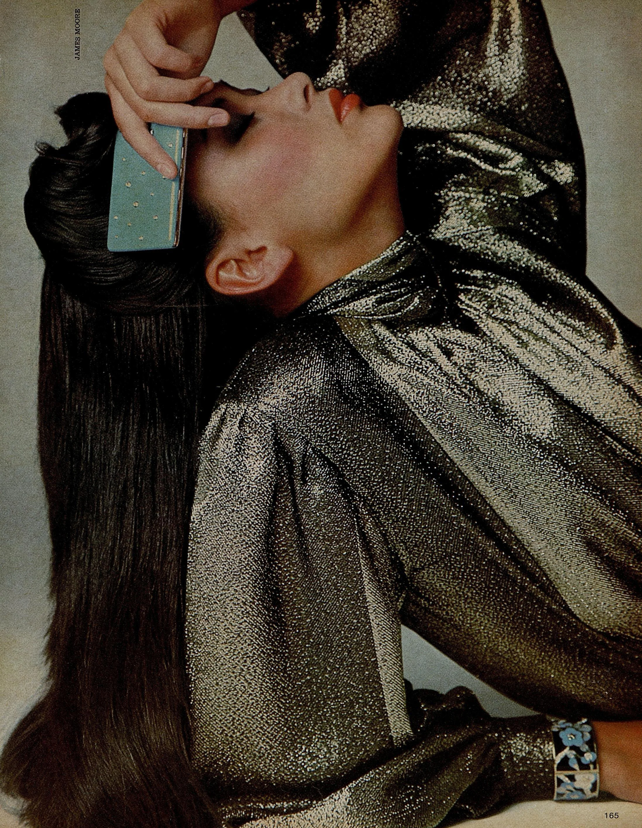 For the disco era, Galanos provided a glittering gold lamé blouse with broad shoulders. Photographed by James Moore for Harper’s Bazaar , November 1978.