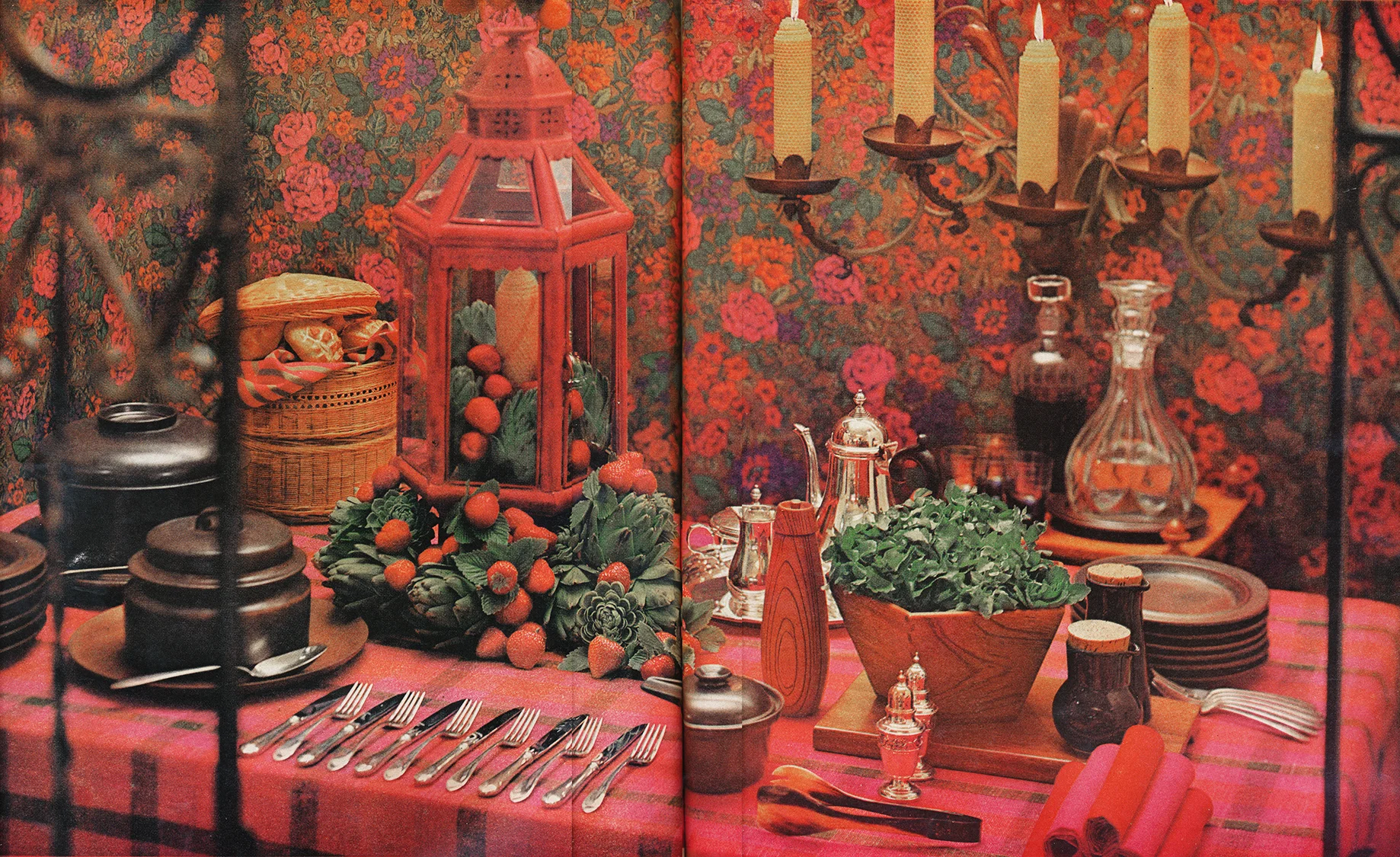 "Beauty queen in a national table-setting contest, this stunning table was judged 'best dressed.' Yes, despite its proud title, it is one that could be copied at no budget-breaking cost. The rosy colors of cloth and napkins are reflected in plump berries, massed among artichokes (use apples and eggplants in the fall), and the painted lantern. Wood-toned china, sparkling silver and crystal make an effective contrast."