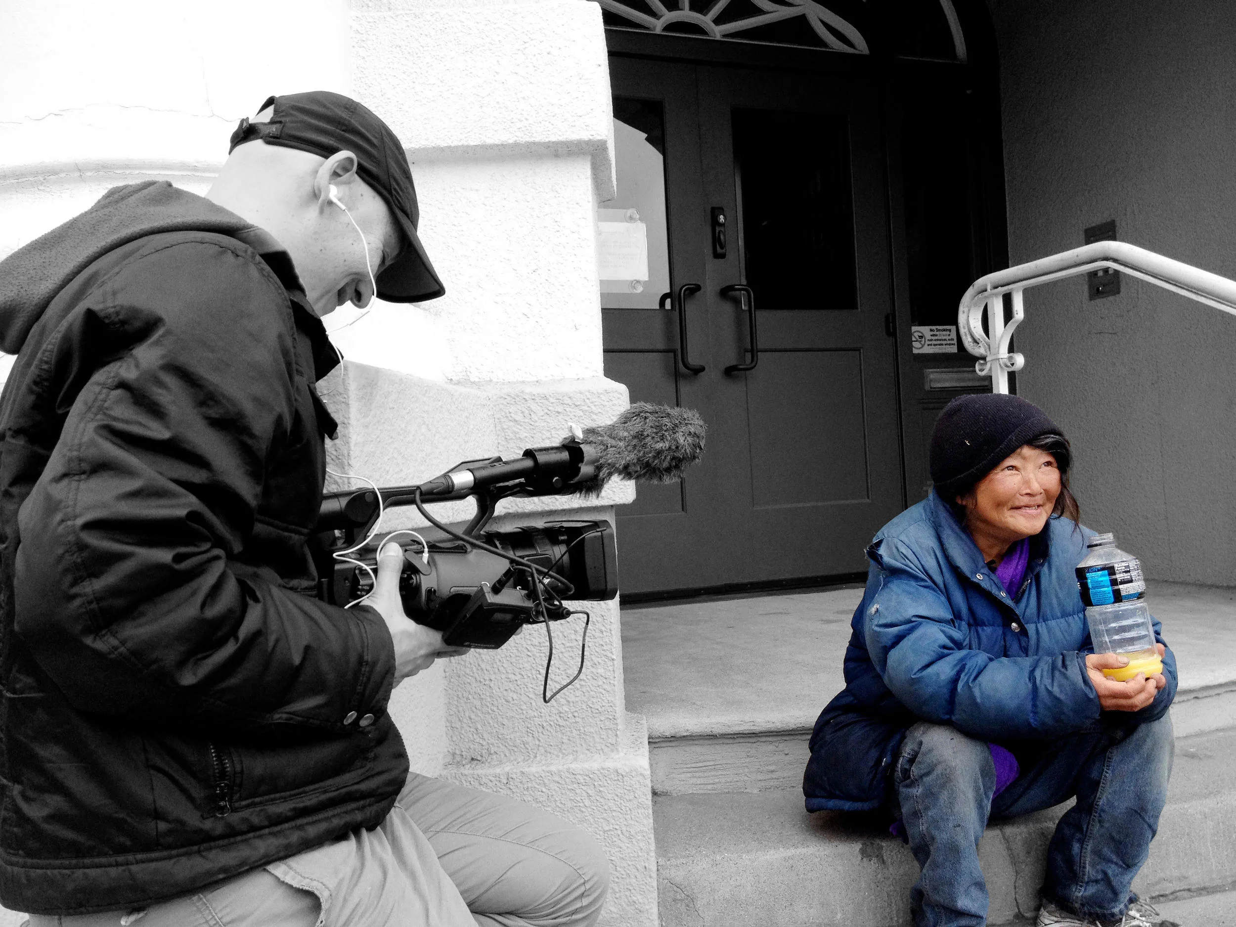 Filming Miss Kay on a rainy day as she sat on the steps of Emeryville City Hall gazing and laughing at the Pixar seagull across the way.