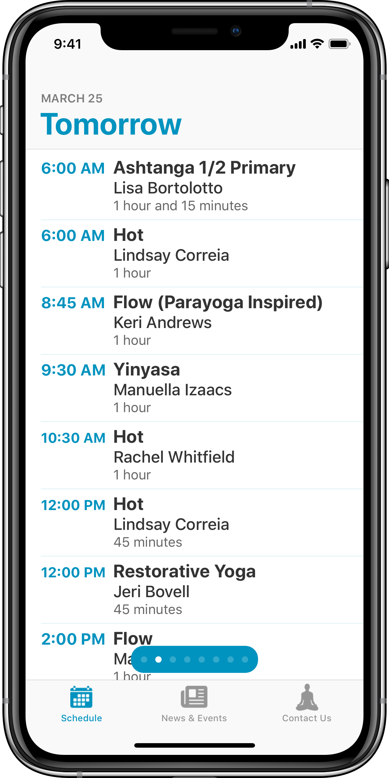 Quickly find your next class. Swipe left and right to see the rest of the week.