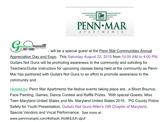 Penn Mar Communities Event Guest Guitars Not Guns-Allen's Gift Chapter of Maryland