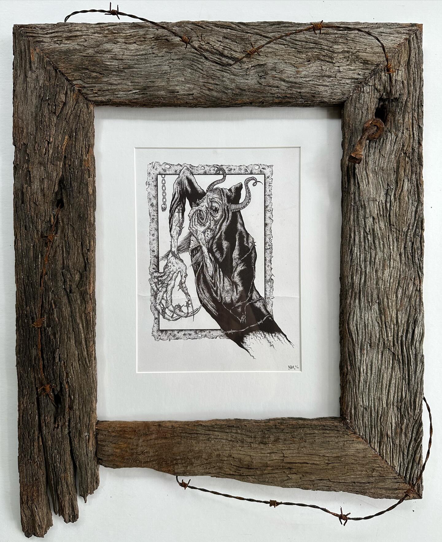 Using the deliciousness of these old fence posts, we have created a frame for this original ink drawing, perfectly in keeping with the style of the artwork. Decaying timber and rusty wire taking a lead role, a far cry from some of our usual shiny gol