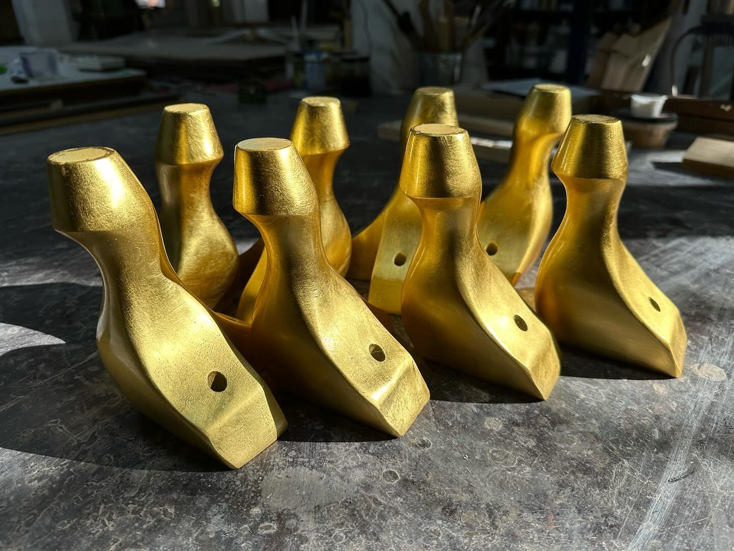 Mixing it up a little and gilding some chair legs for a client. Looks like a flock of gold ducks. 🦆 #framingfabulous #gildingbrisbane #brisbanegilding #goldleaf #gilded