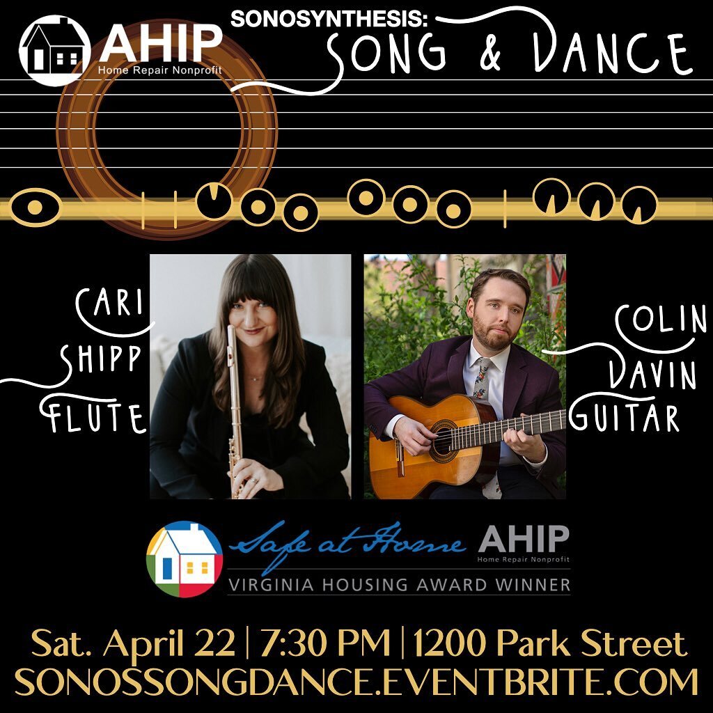 TOMORROW! #sonossongdance featuring myself and @colindavin and supporting @ahipsafeathome 

#cville #charlottesville #livemusic #flute #guitar #classical #classicalguitar #classicalmusic #bach #tango #bartok #carmen #local #charlottesvilleinsider #af