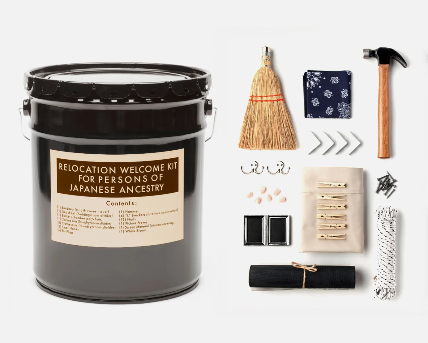Welcome Kit , 2 016 Bucket, whisk broom, handkerchief, hammer, metal brackets, hooks, ear plugs, nails, clothespins, bedsheet, picture frame, rope, metal screen. 15x9” Welcome Kit is a set of fictitious government-issued items for Japanese Americans entering incarceration camps in 1942. Each of the individual items would have been incredibly practical and useful for those about to spend years living in military style barracks with no insulation and little privacy. The items are held in a metal bucket, which would have served the dual purposes of seat and chamber pot.