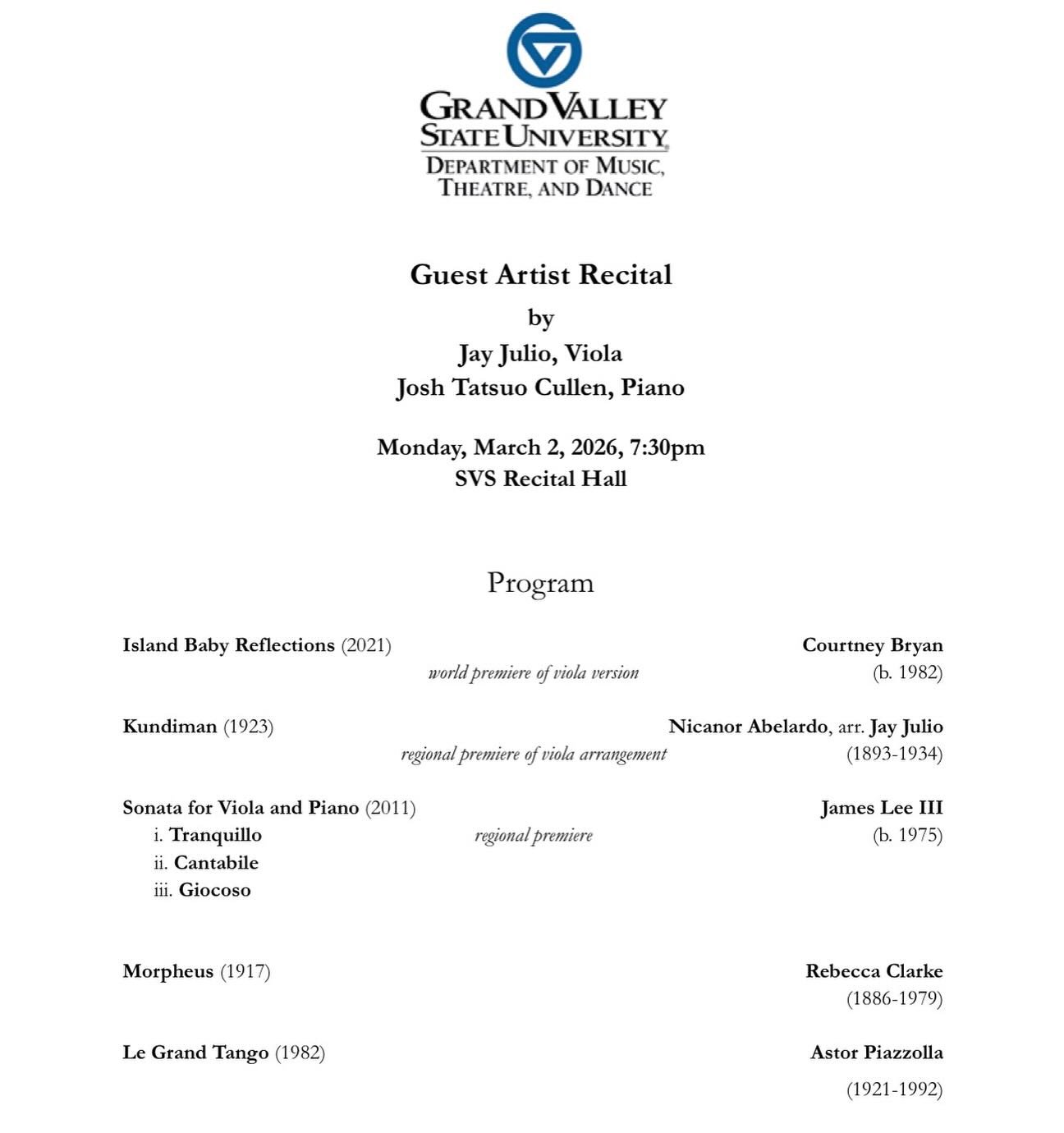 The 1st performance of our Midwest tour! Featuring the Midwest premieres of James Lee III&rsquo;s Viola Sonata (2011) and new viola arrangements of Courtney Bryan and Nicanor Abelardo by @jay.julio. 7:30pm tonight at @gvsumtd, free admission. Also li