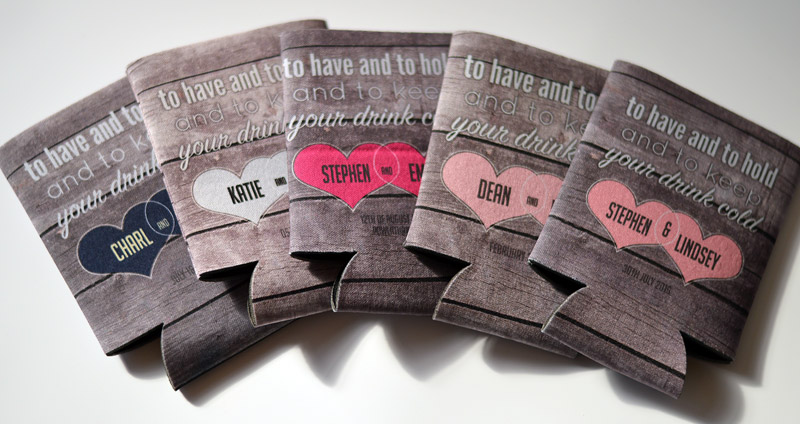 Changing highlight colors is easy at Coolaz - these are all wedding koozies we've shipped with the customers color choice on the heart detail.