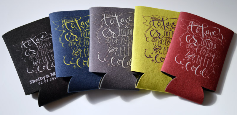 You can change your background color to pretty much all of our wedding koozie templates to suit your wedding colors...