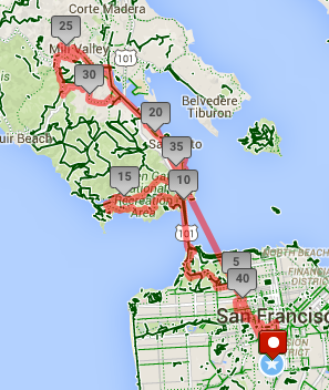 Training Ride 4, April 30: 55 miles! Today with the incomparable and gorgeous @emmahazlett , we rode 55 miles, up Hawk Hill (without stopping, yay!), down the other side, through the tunnel, over to Sausalito for a smoothie, through Mill Valley, and halfway up Mount Tamalpais. You may be able to see that MapMyRide botched the last chunk of data between lunch in Sausalito and back home, so I adjusted it — and switched to Strava .