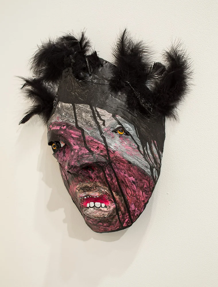Mask No. 2 (Monster) 2013 papier-mache, leather, acrylic, ink, feathers 19 x 15 x 7 inches