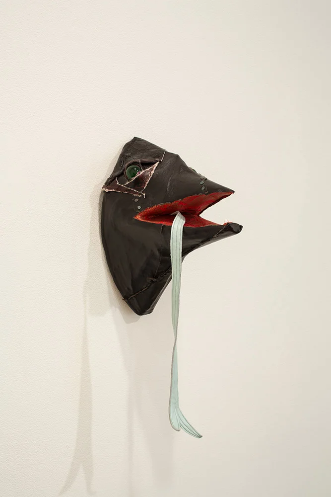 Mask No. 5 (Lizard) 2013 papier-mache, glass marbles, thread, leather 19 x 7 x 10 inches
