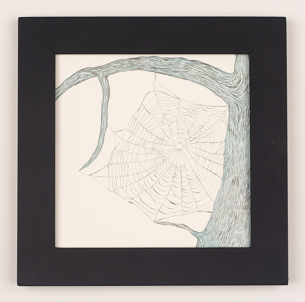Web in Blue Tree 2010 Sumi color, India ink on paper with found frame 10 x 10 inches