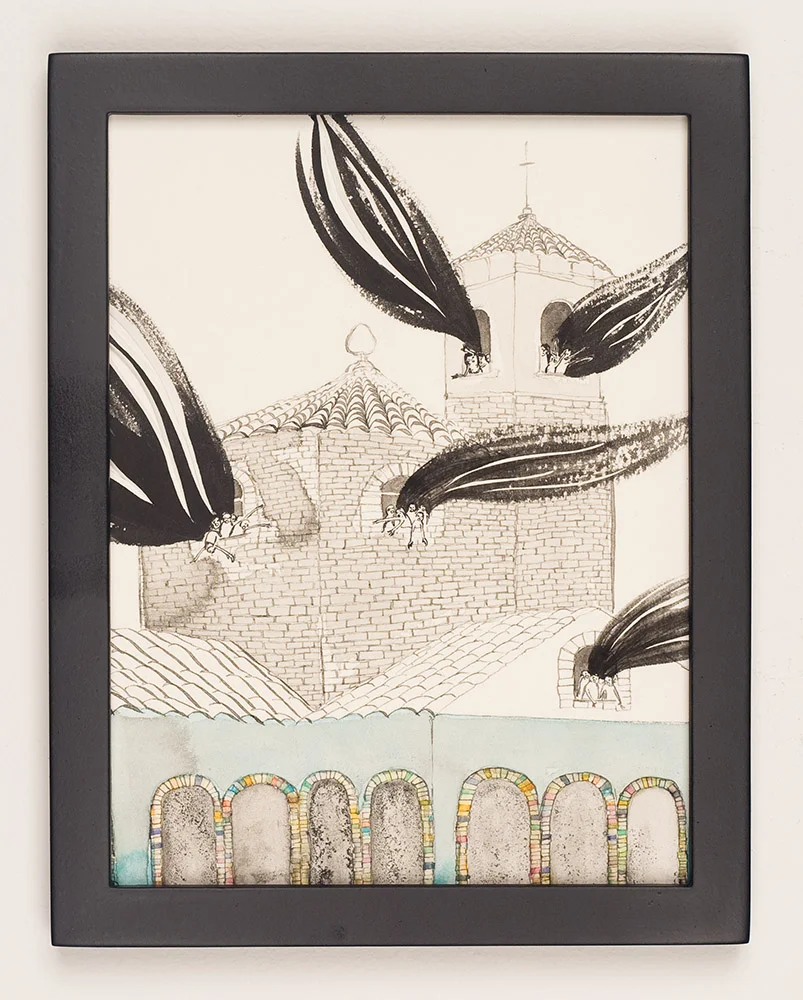Church Fire 2010 Sumi color, India ink on paper with found frame 9.25 x 7.5 inches