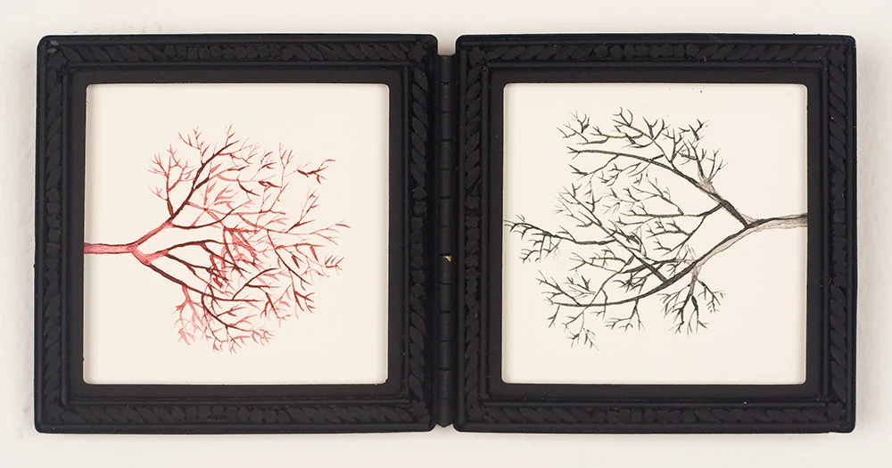 Conversation 2010 Sumi color, India ink on paper with found frame 2.75 x 5.75 inches