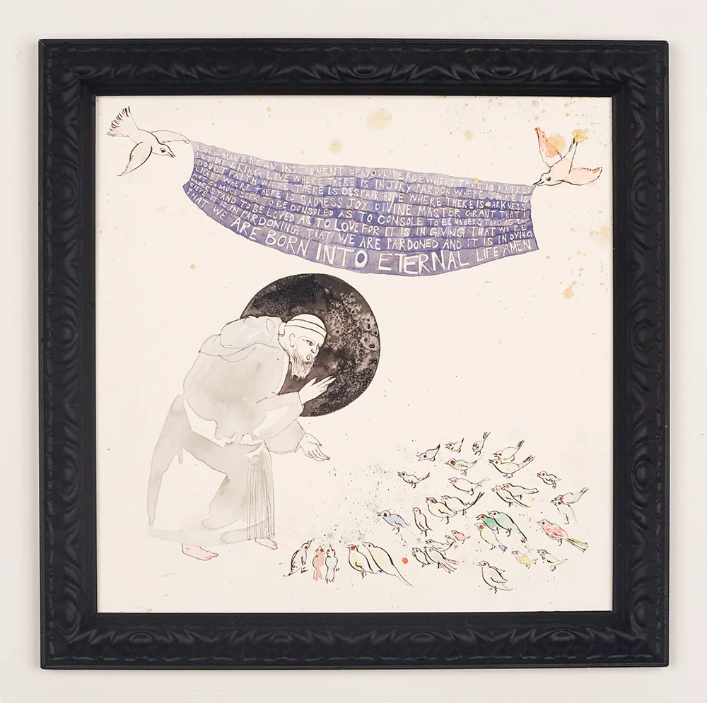 Giotto's St. Francis 2010 Sumi color, India ink on paper with found frame 14 x 14 inches