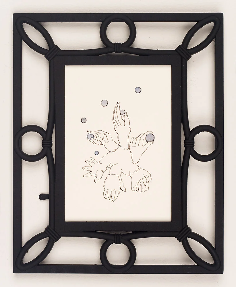 Juggling 2010 Sumi color, India ink on paper with found frame 8 x 6.5 inches