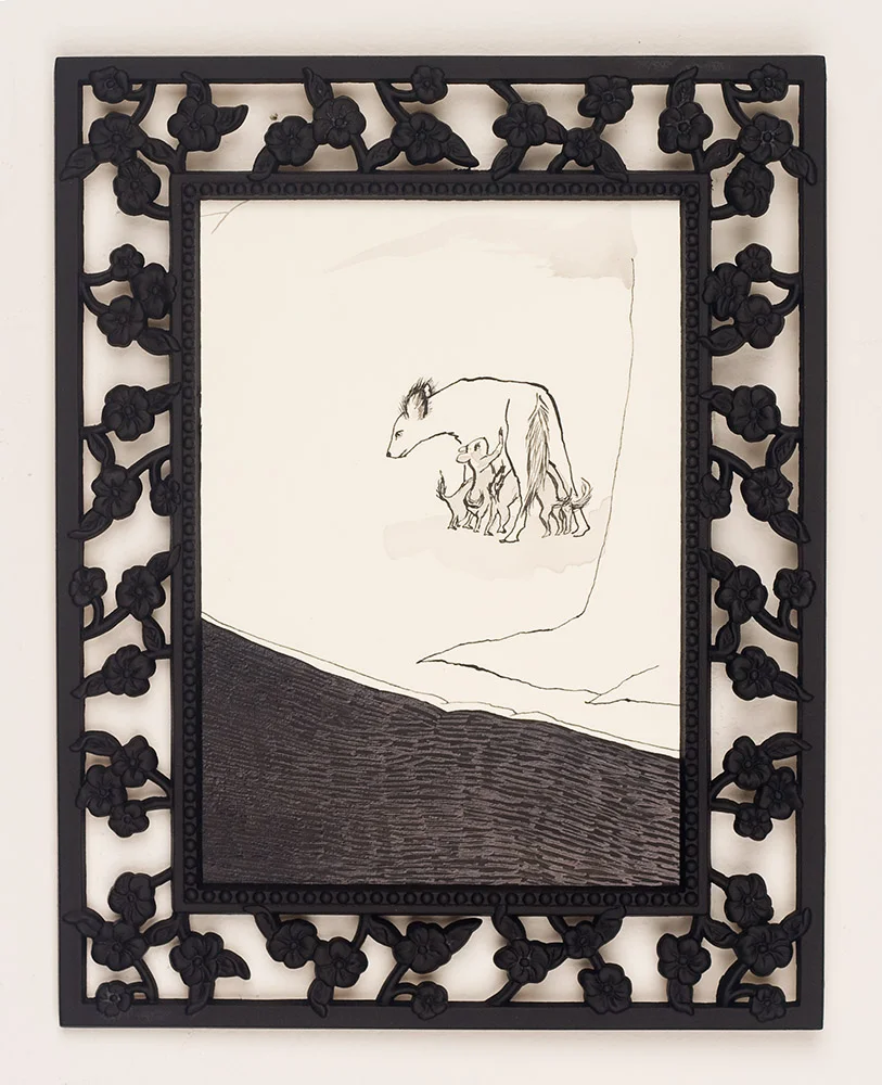 Nursing Hyenas 2010 Sumi color, India ink on paper with found frame 9.5 x 7.5 inches
