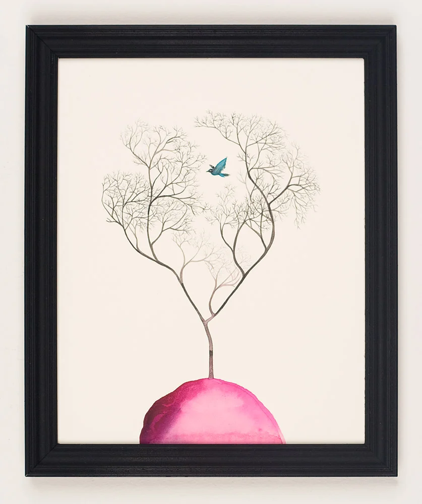 Pink Hill/Blue Bird 2010 Sumi color, India ink on paper with found frame 11.25 x 9.25 inches