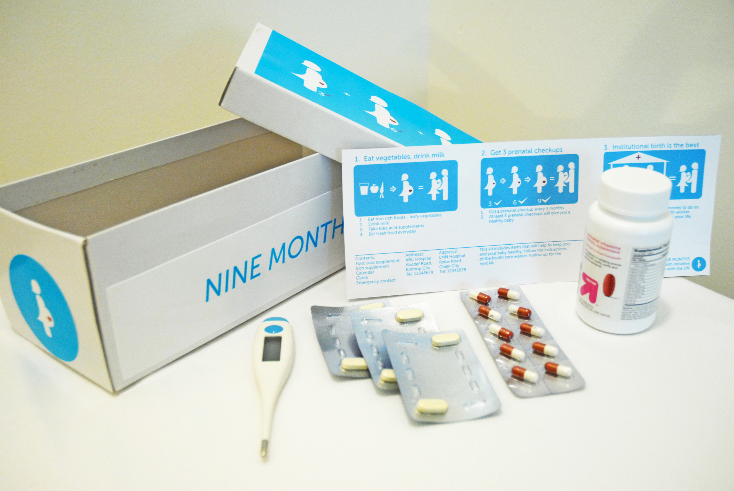 A sample prenatal kit with instructions and useful items