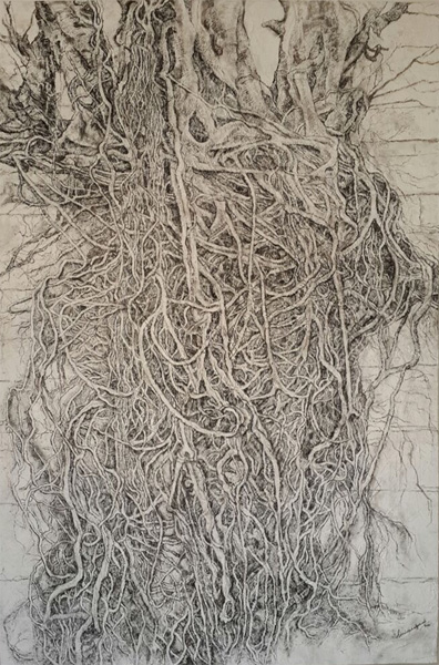 Simrin Mehra Chawla, Entangled-III, Graphite, Conte, Chalk, Charcoal, Stucco on wood, 48" x 72", 2015