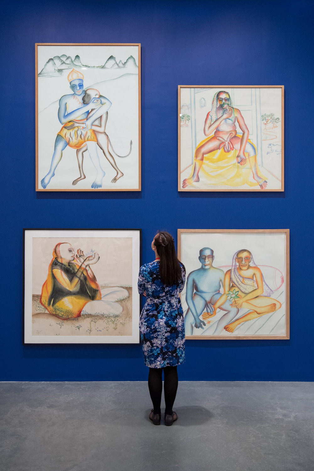  Bhupen Khakhar, “You Can’t Please All”, Tate Modern, 2016, installation view. Clockwise from bottom left: ‘Sakhibhav’, 1995, watercolour on paper, 152 x 152 cm; ‘Ram Bhakt Hanuman’, 1998, watercolour son paper, 115 x 107.5 cm; ‘An Old Man From Vasad