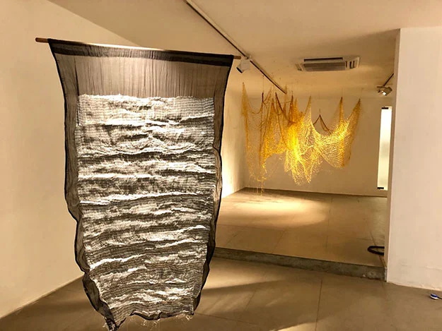 Manifesto , Jamdani (Cotton), Silver yarn. Hand Embroidery, 40 x 70 inches, 2017 Untitled , Golden thread, 240 x 240 x 120 inches, 2017