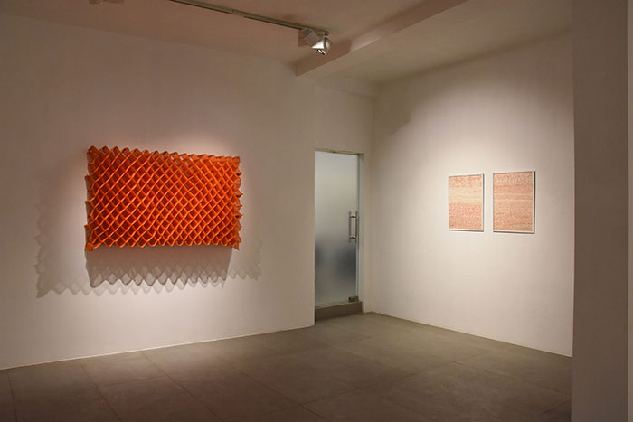 Unity of the Untitled-2 , Jamdani (cotton), 38 x 64 x 8.30 inches, 2017 Untitled , Watercolour on paper, 26.25 x 20.25 inches, each, 2017 - 2018