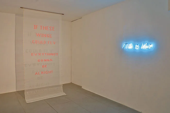 I Still Have Dreams , Jamdani (Cotton), Hand Weaving, 120 x 47 inches, 2017 I Like to Wait , Neon light, 5 x 30 inches, 2017