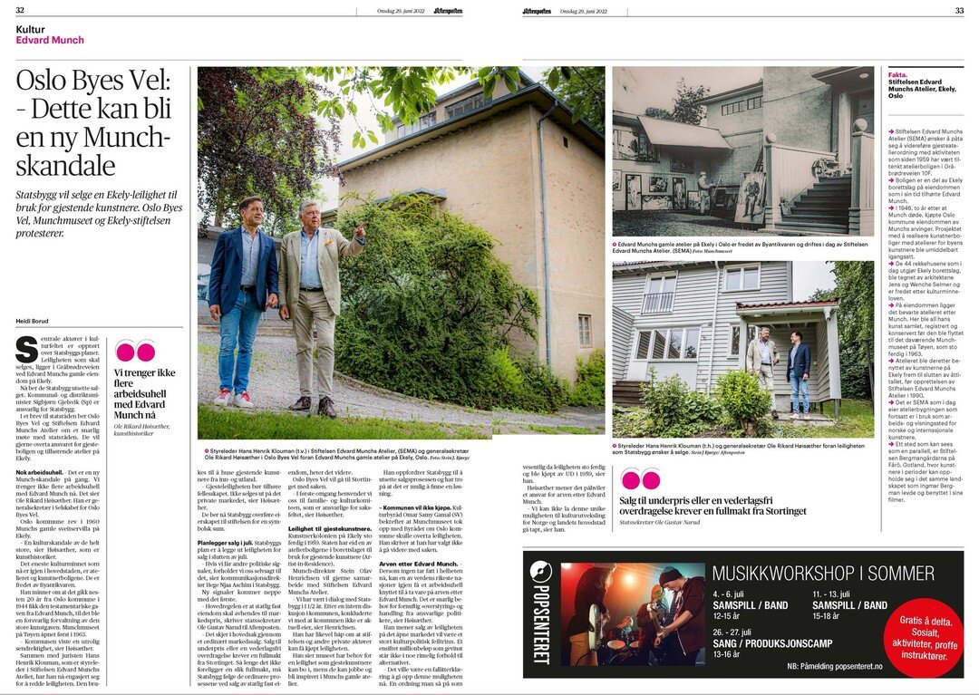 I Aftenposten i dag! 
Vi anmoder kommunal- og distriktsminister Sigbj&oslash;rn Gjelsvik om &aring; dispensere fra den s&aring;kalte avhendingsinstruksen og la Statsbygg overf&oslash;re eierskapet til Stiftelsen Edvard Munchs Atelier for en symbolsk 