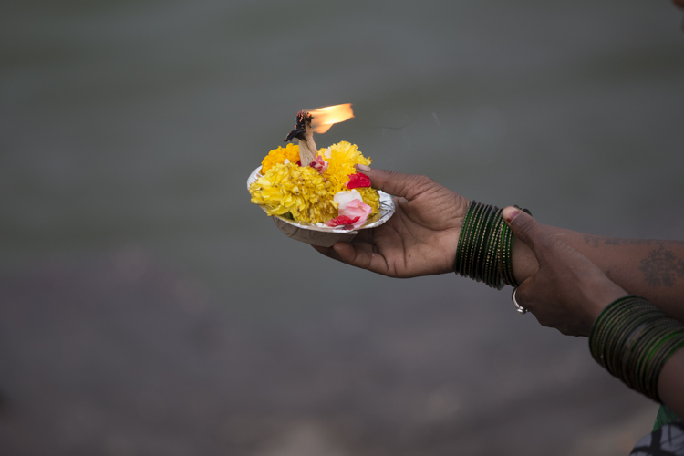 An offering (or Puja) about to be placed in the Godavari River.
