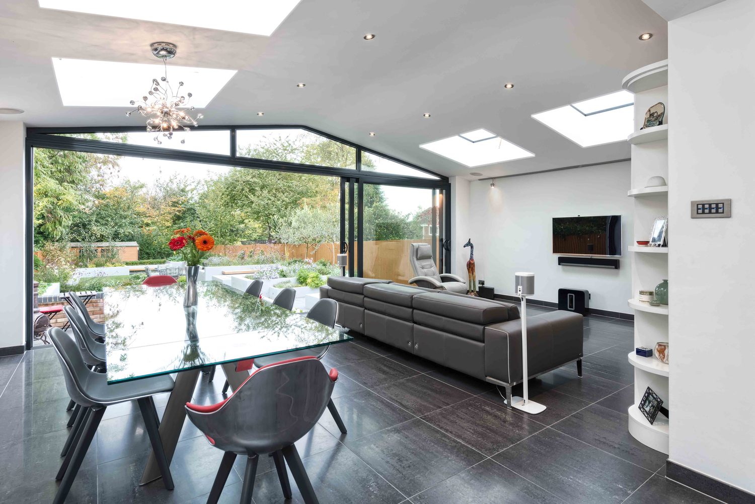 The dining room of a modern house extension by Harvey Norman Architects St Albans