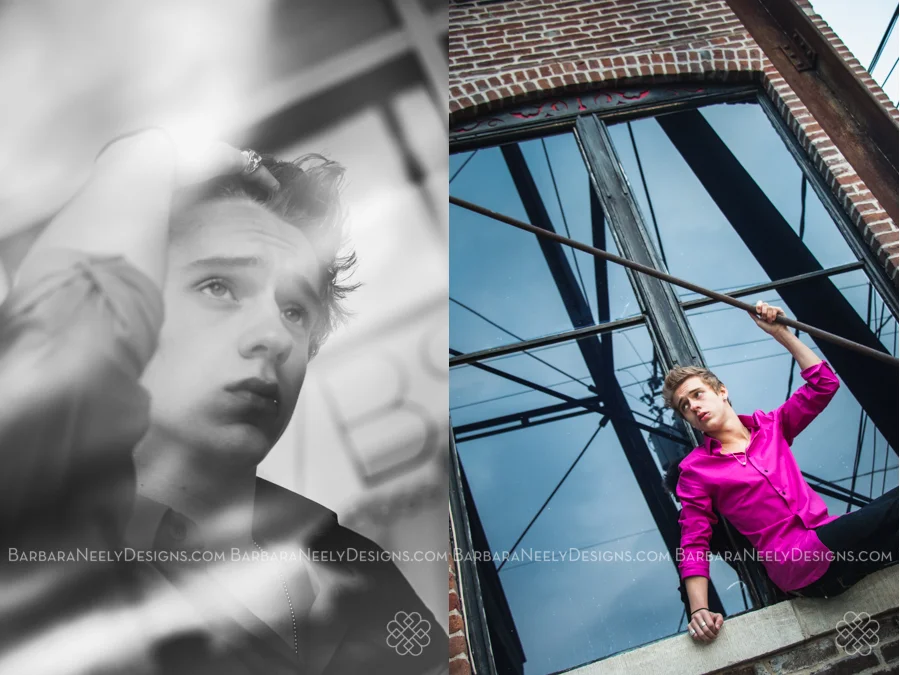 Dramatic senior guy portrait in window 