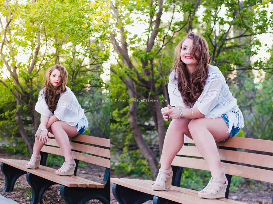 Fashion inspired senior girl portraits on a park bench