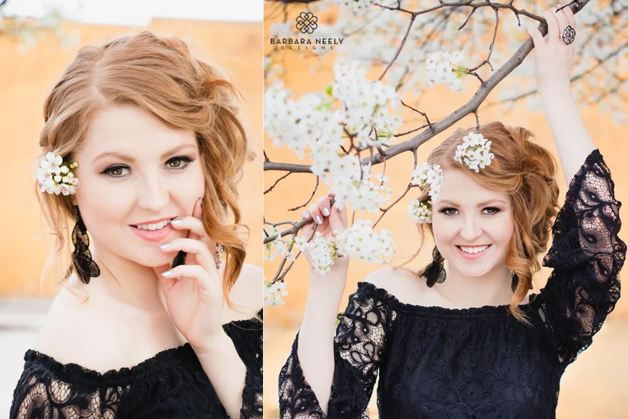 Beautiful spring senior pictures on Commercial Street with Bradford Pear tree