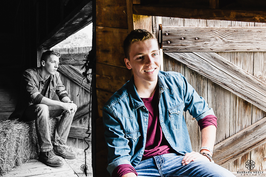 Senior guy picture in a barn with dramatic lighting