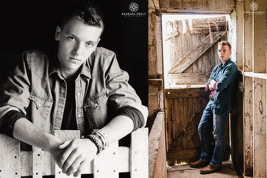Senior guy picture in a barn with dramatic lighting