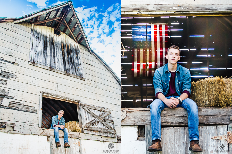 Senior guy hanging out in a barn loft with American flag